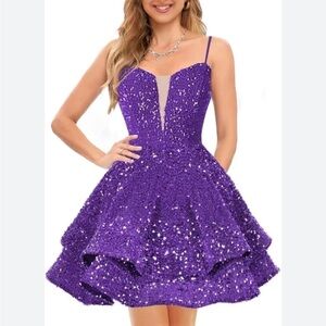 Purple Mini A-line Dress with Plunge Neckline